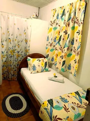 a small room with a bed and a curtain at Tico Bed & Breakfast La Fortuna in Fortuna
