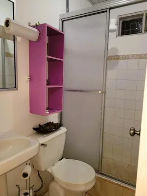 a bathroom with a pink cabinet above a toilet at Tico Bed & Breakfast La Fortuna in Fortuna