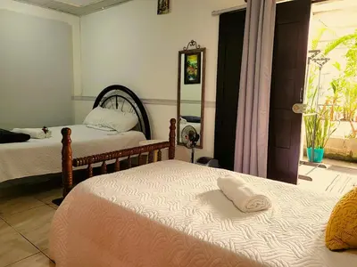 a bedroom with two beds and a mirror at Tico Bed & Breakfast La Fortuna in Fortuna