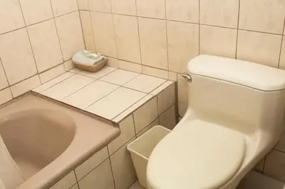 a bathroom with a toilet and a bath tub at Hotel Novo in San José