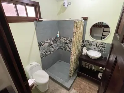 a bathroom with a toilet and a sink and a mirror at Casa y Cabaña Jaguar Tortuguero in Tortuguero