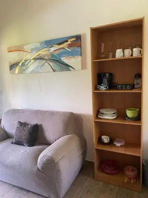 a living room with a couch and a book shelf at Apartamento con Terraza y Vista al Jardín in Uvita