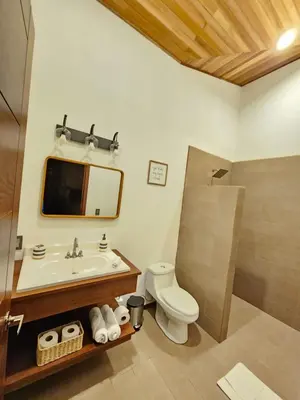 a bathroom with a sink and a toilet and a mirror at Itzá Casa Monteverde in Monteverde Costa Rica