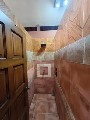 a bathroom with a shower with a wooden door at Hotel Hacienda Casa del Viento in Cuajiniquil