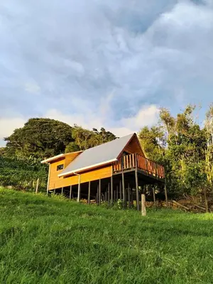 a large wooden house in a field of grass at Cabaña Indira in Monteverde Costa Rica
