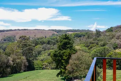 a view of the forest from the balcony of a house at Cabaña Indira in Monteverde Costa Rica