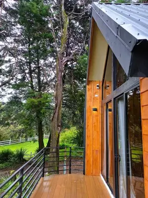 a building with a large window and a tree at Les Chalets Costa Rica in Zarcero