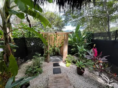 a garden with a wooden gate and some plants at Cabinas de Lou Eco Lodge TAMARINDO do not book, under maintenance in Santa Rosa