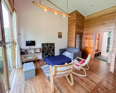 a living room with a couch and a fireplace at Casa Por Fin in Monteverde Costa Rica