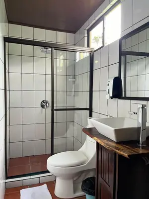 a bathroom with a toilet and a shower and a sink at Hotel y Restaurante El Páramo in San Rafael Norte