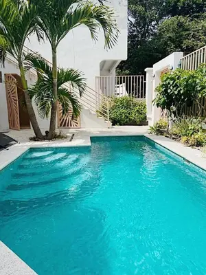 a blue swimming pool with a palm tree next to a house at Holiday Beach House In Punta Leona - wprivate Pool in Punta Leona