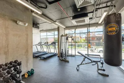 a gym with a punching bag on the wall and weights at 0201 iFreses Hermoso Apartamento Full Equipado SIN PARQUEO in Curridabat
