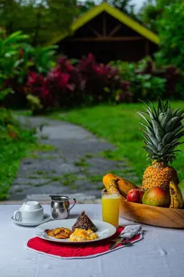 a table with a plate of fruit and a plate of juice at Selvita Lodge Arenal in Fortuna