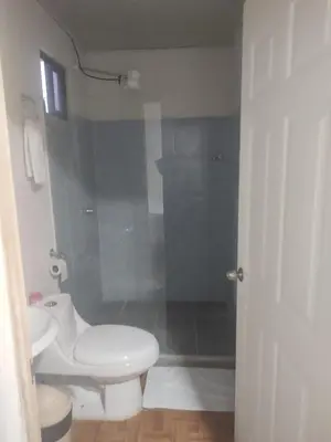 a bathroom with a white toilet and a shower at Cabinas equipadas Cóbano - Florida in Tambor