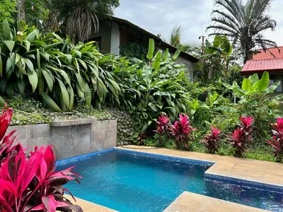 a swimming pool in the middle of a garden at B&B Garden Grecia in Grecia