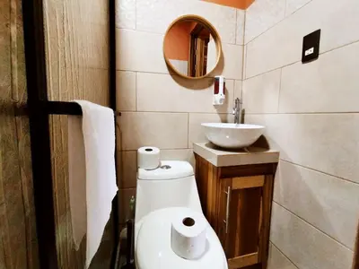 a bathroom with a toilet and a sink at Arenal Palacios in Fortuna