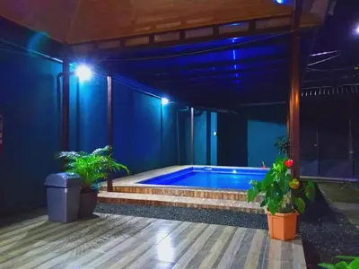 a swimming pool in a dark room with two potted plants at Arenal Palacios in Fortuna