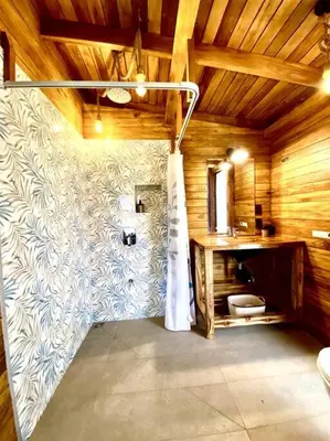 a bathroom with a shower and a toilet in a room at Hoja Azul - Sustainable teak modern cabin in Hojancha in Hojancha