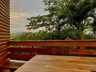 a wooden bench with a view of a tree at Hoja Azul - Sustainable teak modern cabin in Hojancha in Hojancha