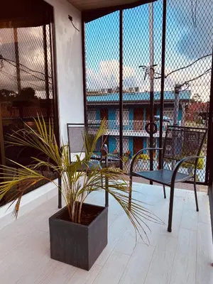 a patio with two chairs and a potted plant at Casa Macaw in Fortuna