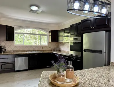 a kitchen with black cabinets and a large window at Spacious Penthouse with pool & Jungle Views in La Mona