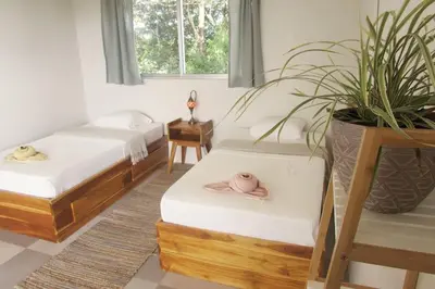 a room with two beds and a potted plant at Boutique Tropical Retreat, Sleeps 10, Perfect for Friends and Fams in Sámara