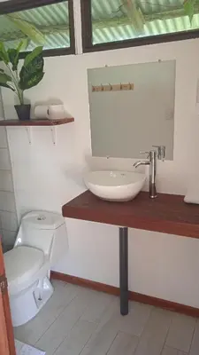 a bathroom with a sink and a toilet at La Casona Eco-Lodge Tortuguero in Tortuguero