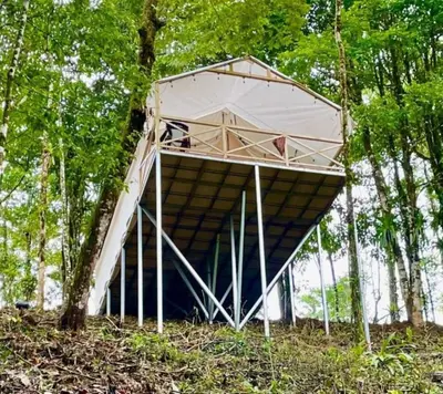 a building in the middle of some trees at Volcano Tenorio Glamping Ranch - 3 Tents in Rio Celeste