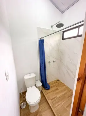 a bathroom with a toilet and a shower at Casa Garza, con a/c y wifi in Quepos