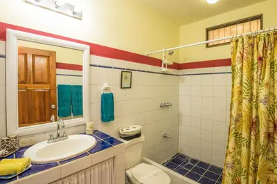 a bathroom with a sink and a toilet and a shower at Kiskadee Casa in Quepos