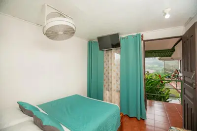a bedroom with a bed and a window at Hostal Nuevo Arenal downtown, private rooms with bathroom in Nuevo Arenal
