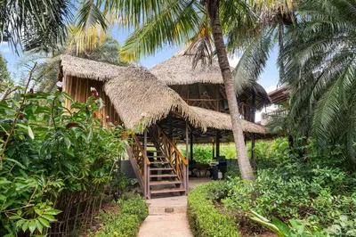 a straw hut with a staircase leading up to it at Balu Retreat Center in Playa Junquillal