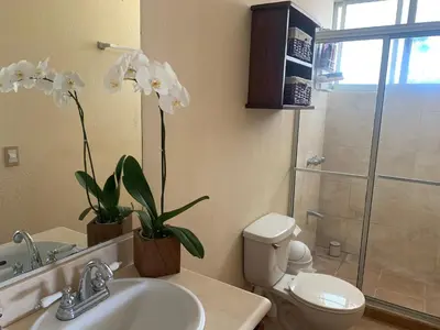 a bathroom with a toilet and a sink and a shower at Buena Vista Coco in Coco