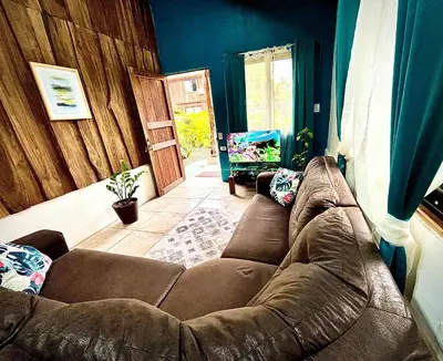 a living room with a brown couch and a window at Cabañas Litos #3 in Fortuna