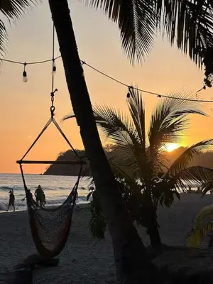 a hammock hanging from a palm tree on a beach at Sunset Villa - Stunning Poolside in Sámara