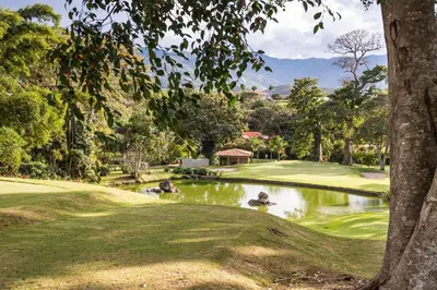 a pond on a golf course with two ducks in it at Alameda Cariari Boutique Hotel in San José