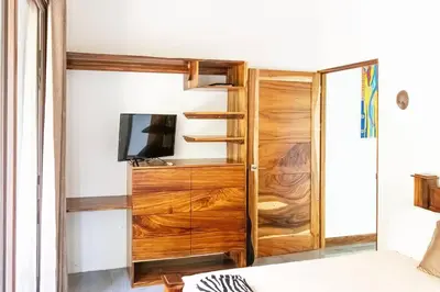 a room with a wooden door and a tv at Cloud Forest House Monteverdes in Monteverde Costa Rica