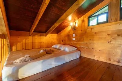 a dog laying on a bed in a wooden room at Cabaña El Ciprés: Vistas increíbles y Mirador in Turrialba