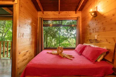 a stuffed animal on a bed in a room with a window at Cabaña La Montaña: Vistas increíbles y Mirador in Turrialba