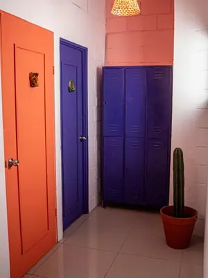 a hallway with three blue doors and a cactus at Lolas Hostal Hab Individual 2 Baño Compartido in San José