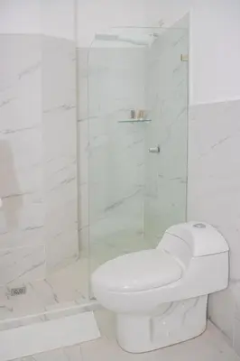 a white bathroom with a toilet and a shower at The Stay San Jose in San José