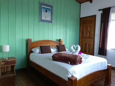 a bedroom with a bed with a animal laying on it at Hotel Aurora Inn, Nuevo Arenal in Nuevo Arenal