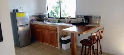 a small kitchen with a refrigerator and a counter at Casa Pitahaya in Monteverde Costa Rica