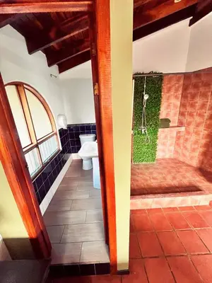 a bathroom with a shower and a toilet in it at Siwõ Art Guesthouse in Ocotal