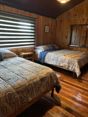two beds in a room with wooden walls and wood floors at Cabañas Tierra Fertil in Montaña