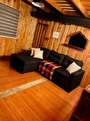 a black couch in a room with wooden walls at Cabañas Tierra Fertil in Montaña