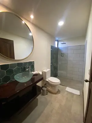 a bathroom with a sink and a toilet and a mirror at Oasis by Franklin Hotel Boutique in Fortuna