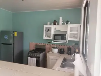 a small kitchen with a stove and a microwave at Hermoso apartamento en Quepos/ Manuel Antonio. in Quepos