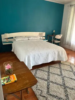 a bedroom with a bed and a table with a rug at Estudio como en casa in Quepos