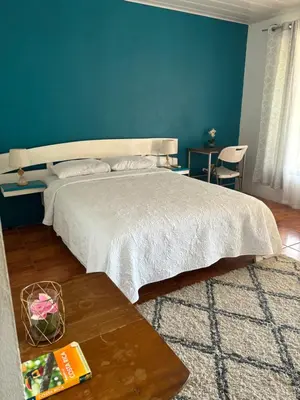 a bedroom with a large bed and a blue wall at Estudio como en casa in Quepos